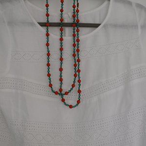 Vintage BoHo Turquoise and Orange Rose Bead Long Necklace